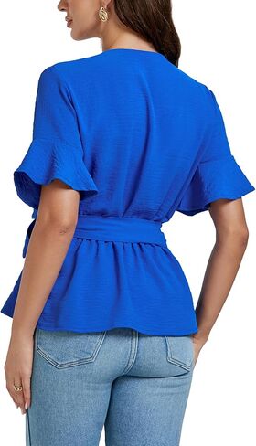 LYANER Women's Warp V Neck Belt Tie Waist Short Sleeve Blazer Blouse Shirt Peplum Top in Saudi Arabia