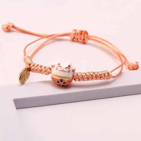COLORFUL BLING Lucky Cat Bracelet Cute Feng Shui Maneki Neko String Bracelet Adjustable Good Luck String Braided Beads Bell Wrist Chain Bracelet Adjustable Ceramic Bead Birthday Mother Day Gift in Saudi Arabia