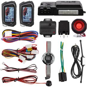 EASYGUARD EC207-M9-SR 2 Way Car Alarm Security Kit with LCD Pager Display Push Start Button Remote Engine Timer Engine Start with Siren DC12V