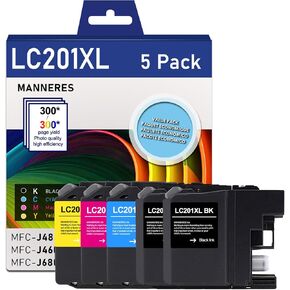 LC201 Ink Cartridges (2Black, Cyan, Magenta, Yellow, 5-Pack) Compatible for Brother LC201XL Ink Cartridge Replacement for Brother LC201 LC203 XL Ink Work for MFC-J460DW MFC-J885DW MFC-J880DW Printer