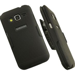 Nakedcellphone Black Ribbed Rubberized Hard Case Cover + Belt Clip Holster with Stand for Samsung Galaxy Core Prime Phone (aka Galaxy Prevail LTE) SM-G360, S820
