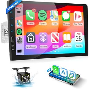 9 inch Single Din Car Stereo with Wireless Apple Carplay Android Auto Airplay Mirror Link, Podofo 1080P Touch Screen Bluetooth Radio Audio Receivers with FM EQ DVR 12LED Backup Camera