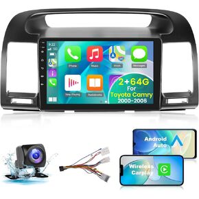 [2+64G] Car Radio for Toyota Camry 2000-2006 with Wireless Carplay and Android Auto - 9 Inch Touchscreen Android Car Stereo - DSP/Multiple UI/WiFi/GPS Navigation/SWC + AHD Backup Camera