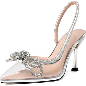 AUMOTED Women Rhinestone Bow Heels Stiletto High Heels Closed Pointed Toe Sexy Slingback Ankle Strap Pumps Wedding Bridal Dress Heeled Shoes 3.4 Inch