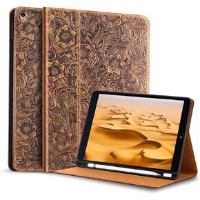 Gexmil iPad air 10.5 Inch 2019 Case, with Built-in Apple Pencil Holder,applies Cowhide Folio Cover for iPad pro 10.5 Genuine Leather case (Pattern-Brown+Pencil Holder)