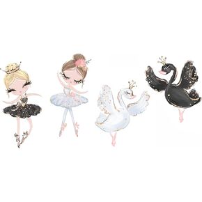 Ballerina Ballet Dancing Girl Wall Decals, Ballet Black Swan White Swan Decor Wall Stickers, Peel and Stick Mural Wallpaper for Baby Nursery Girls Bedroom Classroom School Dance Room