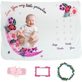 Baby Milestone Blanket Girl- Floral and Moon Design, Baby Girl Gifts, Nursery Decor Baby Shower, Newborn Baby Blanket, Baby Growth Chart Blanket, Baby Milestone Blanket 50x40, Pink (002)