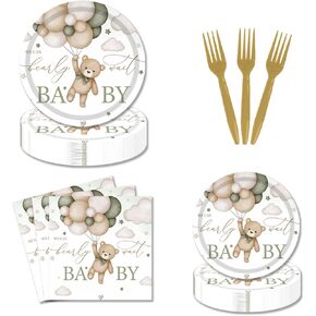 168PCS We Can Bearly Wait Bear Baby Shower Party Supplies Serves 24, Includes Plates, Napkins, Cups, Forks, Spoons ,Knives, Pink and Brown Teddy Bear for Girl Birthday Baby Shower Party Supplies
