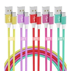 USB Type C Charger Cable, 5-Pack [3/3/6/6/10ft] Nylon Braided USB C Cable Charging Cord for Samsung Galaxy S23 S22 S21 S20 S10 S9 Note 20 10 Pixel LG Moto iPhone 15