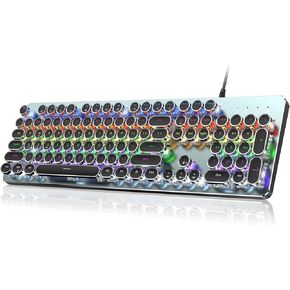 RisoPhy Typewriter Style Mechanical Gaming Keyboard, Metal Panel, Retro Punk Round Keycaps, Clicky Blue Switch, Rainbow LED Backlit, 104 Keys Wired Keyboard, Round Keycaps for PC Laptop Mac Gamer