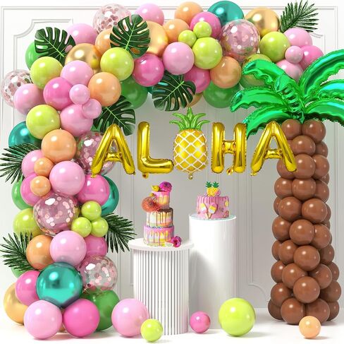 178 قطعة من بالونات لواو الاستوائية مجموعة إكليل قوس زينة حفلات هاواي مع بالونات ألوها الأناناس من رقائق جوز الهند وأوراق النخيل، لوازم تزيين حفلات أعياد الميلاد للأطفال في الصيف على الشاطئ in Kuwait