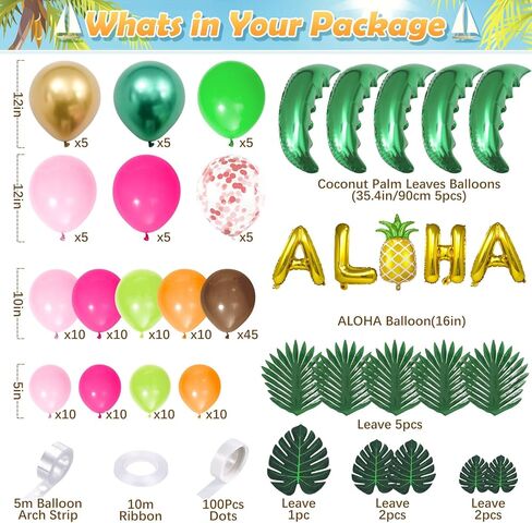 178 قطعة من بالونات لواو الاستوائية مجموعة إكليل قوس زينة حفلات هاواي مع بالونات ألوها الأناناس من رقائق جوز الهند وأوراق النخيل، لوازم تزيين حفلات أعياد الميلاد للأطفال في الصيف على الشاطئ in Kuwait