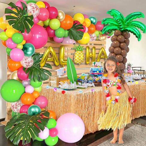 178 قطعة من بالونات لواو الاستوائية مجموعة إكليل قوس زينة حفلات هاواي مع بالونات ألوها الأناناس من رقائق جوز الهند وأوراق النخيل، لوازم تزيين حفلات أعياد الميلاد للأطفال في الصيف على الشاطئ in Kuwait