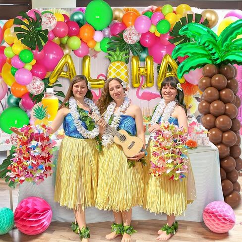 178 قطعة من بالونات لواو الاستوائية مجموعة إكليل قوس زينة حفلات هاواي مع بالونات ألوها الأناناس من رقائق جوز الهند وأوراق النخيل، لوازم تزيين حفلات أعياد الميلاد للأطفال في الصيف على الشاطئ in Kuwait