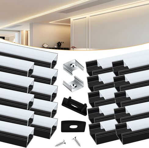 10 عبوات 3.3 قدم / 1 متر قناة ألومنيوم LED - ناشر LED على شكل حرف V مع غطاء، أغطية نهاية، مشابك تثبيت - ملف ألومنيوم لأضواء شريط LED للاستخدام الداخلي/الخارجي in Kuwait