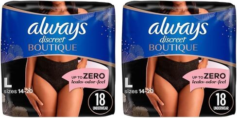 ملابس داخلية نسائية من Always Discreet Boutique لسلس البول وما بعد الولادة للنساء، أقصى قدر من الحماية، مقاس L، أسود، 18 قطعة (قد تختلف التعبئة) in Kuwait