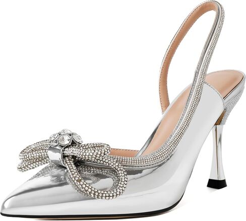 AUMOTED Women Rhinestone Bow Heels Stiletto High Heels Closed Pointed Toe Sexy Slingback Ankle Strap Pumps Wedding Bridal Dress Heeled Shoes 3.4 Inch in Kuwait