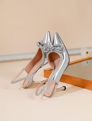 AUMOTED Women Rhinestone Bow Heels Stiletto High Heels Closed Pointed Toe Sexy Slingback Ankle Strap Pumps Wedding Bridal Dress Heeled Shoes 3.4 Inch in Kuwait