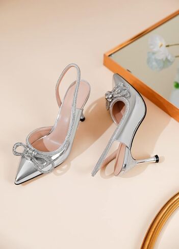 AUMOTED Women Rhinestone Bow Heels Stiletto High Heels Closed Pointed Toe Sexy Slingback Ankle Strap Pumps Wedding Bridal Dress Heeled Shoes 3.4 Inch in Kuwait