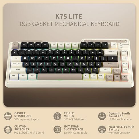 لوحة مفاتيح ميكانيكية لاسلكية K75 Lite، لوحة مفاتيح ألعاب RGB بنسبة 75% مع مقبض ثلاثي الأوضاع BT 5.0/2.4G/USB-C سلكي، قابلة للتبديل السريع، بطانة من 5 طبقات ومفاتيح خطية كريمية، 82 مفتاحًا صغيرًا in Kuwait