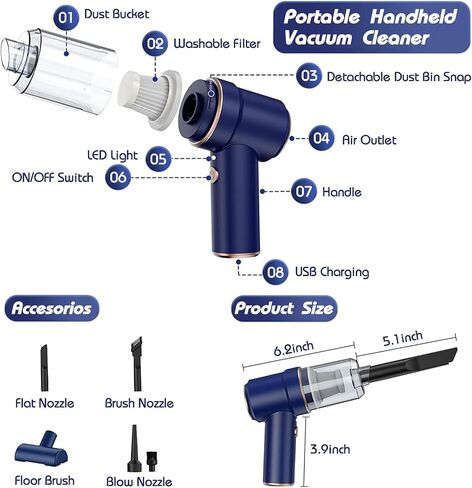 Handheld Vacuum Cordless, Car Vacuum Cleaner with 9.5KPA Suction/LED, Low-Noise Fast Charging USB Mini Rechargeable Vacuum Cleaner Wireless with 2 Filters for Car/Home/Pet Hair in Saudi Arabia