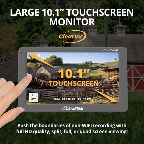 نظام كاميرا أمان لاسلكية Defender Phoenix HD مع شاشة لمس مقاس 10.1 بوصة، وكاميرا أمان خارجية عالية الدقة، لا تتطلب شبكة WiFi، وتتضمن بطاقة SD سعة 64 جيجابايت، وكابل تمديد إضافي بطول 15 قدمًا وضمان لمدة 3 سنوات in Saudi Arabia