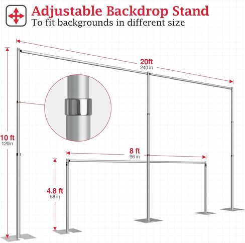 EMART Backdrop Stand Heavy Duty 10x10Ft Double Crossbar Pipe and Drape Backdrop Stand Kit, Adjustable Metal Frame for Backdrop, Background Stand Backdrop for Wedding Birthday Party Decorations in Kuwait