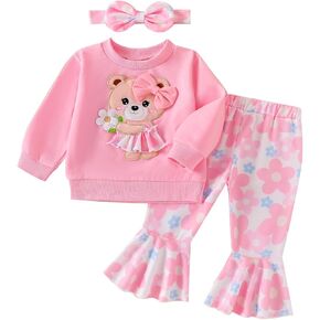 Baby Girl Clothes Fall Winter Long Sleeve Bear Cartoon Sweatshirt Flare Pants Bow Headband Set 6 Months-4 Years Old