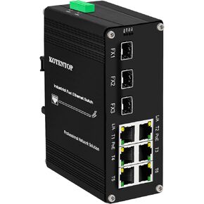 Industrial Hardened Ethernet Switch 9 Port PoE Switch Optic Fiber SFP Network Splitter Unmanaged Switch with 6X 10/100Base-T RJ45 Port + 3X 100Base-FX SFP Slot,180W PoE Budget,Din-Rail
