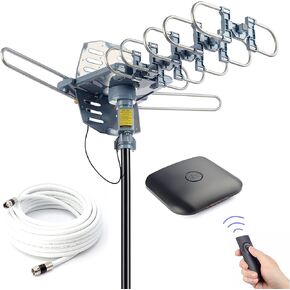 PBD Outdoor Digital HD TV antenna 150 Miles Motorized 360 Degree Rotation with 40FT RG6 Coax Cable - UHF/VHF / 1080P / 4K Snap-On Installation