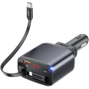 Retractable Car Charger [105W USB C Car Charger Adapter], AYUBOC 4 in 1 Fast Car Charger USB C Retractable Car Phone Charger for iPhone 16 Pro Max Plus /15/14/13, Samsung Galaxy S24 S23 iPad Pro Pixel