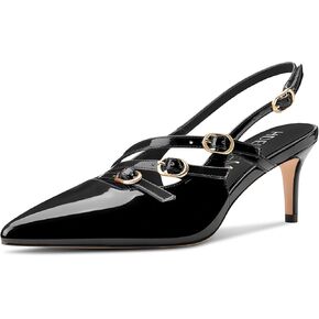 HDEUOLM Womens Mid Kitten Heel Pointed Toe Sandals Pumps Ankle Strap Slingback Buckle Prom Dress Patent Leather Summer 2.4 Inches Heels