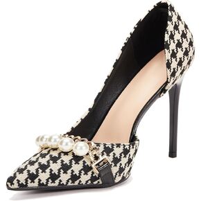 Women's Dressy Pumps High Stiletto Heels for Women Elegant Houndstooth Pattern Design Pointed Toe Work Black Heels for Ladies with Pearl Chain Slip on