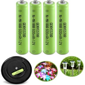 Ni-MH Rechargeable AAA Batteries, Triple A 600mAh High Capacity 1.2V Pre-Charged Battery for Solar Garden Landscaping Outdoor Solar Lights, 4 Pack