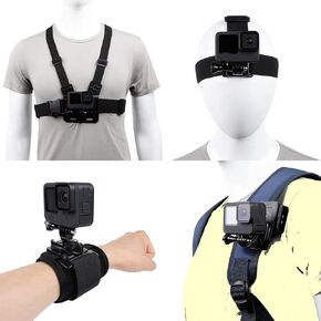 Accessories Kit Quick Release Head Strap Mount + Chest Mount Harness + Backpack Clip Holder + 360°Rotating Wrist Strap for Gopros Heros 12/11/10/9/8/Max/7/6/5 Insta360 One Camera and Smartphones