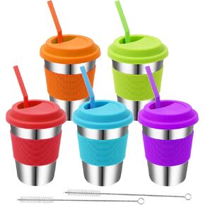 Stainless Steel Kids Cups, 5 Pack Colorful Drinking Tumbler Sippy Cup with Silicone Lids and Straws Metal Mugs for Toddlers, Children and Adults - 12oz
