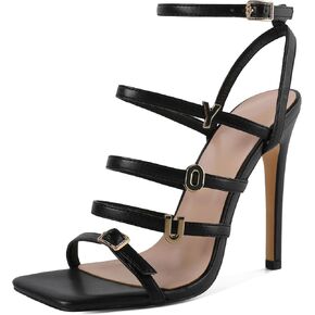Soireelady Womens High Heel Sandals, Ankle Strap Open Toe Heels, Square Toe Stiletto Strappy Heeled Sandals 4 Inch Prom Party