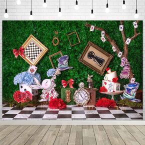 7x5ft Wonderland Enchanted Tea Party Photography Backdrop Kids Fairy Tale Green Grass Checkerboard Rabbit Background Little Princess Girl Baby Shower Birthday Decorations Photoshoot Banner