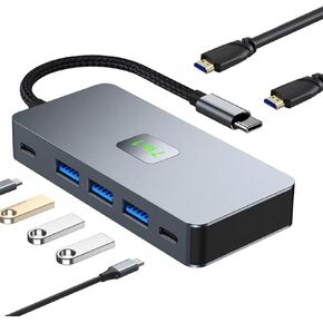 7-Port USB C Hub with Dual 4K HDMI, 3 USB-A Ports, and 100W Power Delivery, Grey