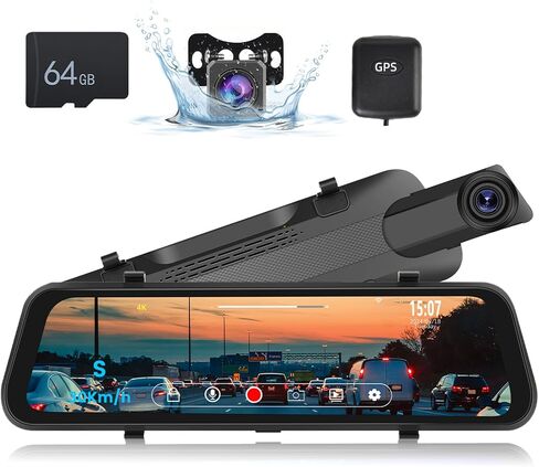كاميرا مرآة الرؤية الخلفية CamECHO 4K، كاميرا قياس 9.66 بوصة IPS مرآة داش كام أمامية وخلفية للسيارة مع بطاقة 64 جيجابايت، كاميرا احتياطية لمرآة الرؤية الخلفية بشاشة تعمل باللمس مع رؤية ليلية، مستشعر G، واي فاي، نظام تحديد المواقع العالمي، تسجيل حلقي in Saudi Arabia