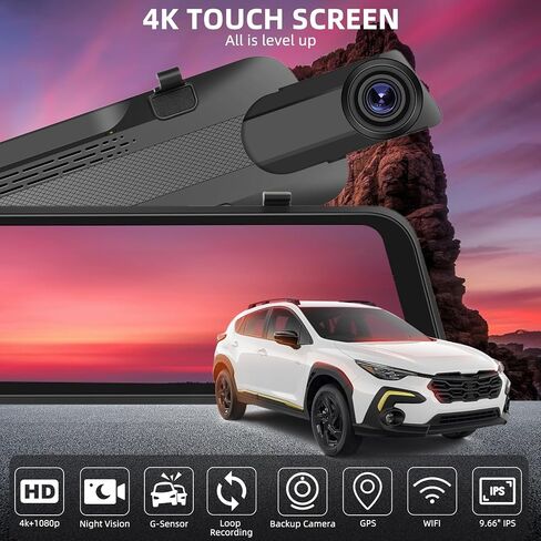 كاميرا مرآة الرؤية الخلفية CamECHO 4K، كاميرا قياس 9.66 بوصة IPS مرآة داش كام أمامية وخلفية للسيارة مع بطاقة 64 جيجابايت، كاميرا احتياطية لمرآة الرؤية الخلفية بشاشة تعمل باللمس مع رؤية ليلية، مستشعر G، واي فاي، نظام تحديد المواقع العالمي، تسجيل حلقي in Saudi Arabia
