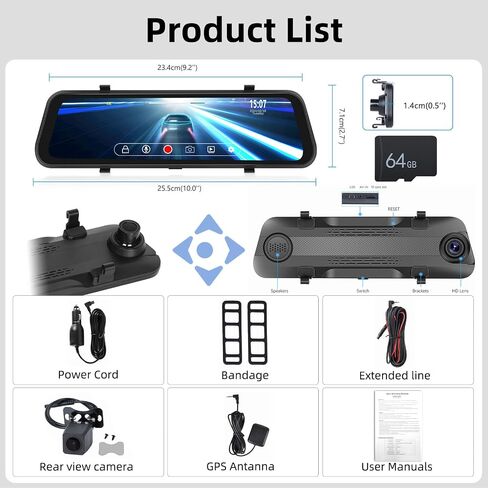 كاميرا مرآة الرؤية الخلفية CamECHO 4K، كاميرا قياس 9.66 بوصة IPS مرآة داش كام أمامية وخلفية للسيارة مع بطاقة 64 جيجابايت، كاميرا احتياطية لمرآة الرؤية الخلفية بشاشة تعمل باللمس مع رؤية ليلية، مستشعر G، واي فاي، نظام تحديد المواقع العالمي، تسجيل حلقي in Saudi Arabia