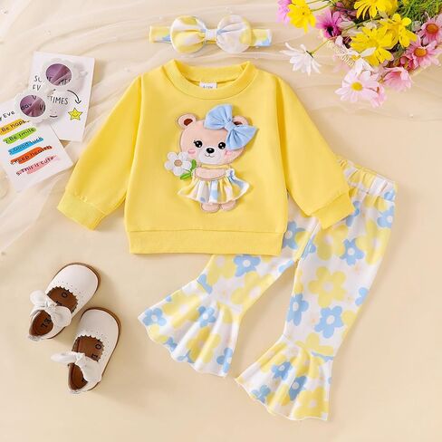 ملابس طفلة خريف شتاء كم طويل الدب الكرتون البلوز مضيئة السراويل القوس عقال مجموعة 6 أشهر-4 سنوات من العمر in Kuwait