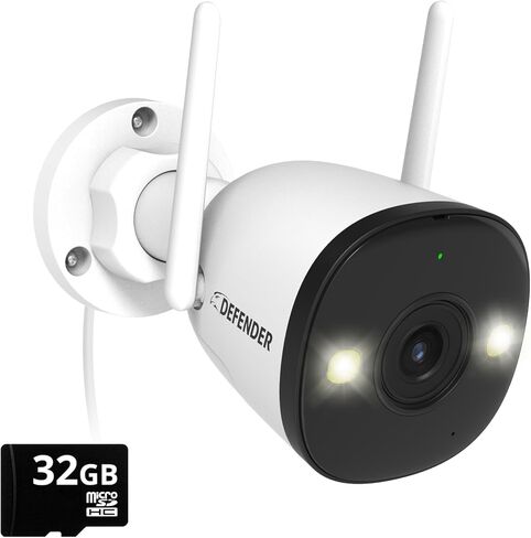 Defender AI Powered Guard Pro 4K 8MP WiFi 6/Bluetooth، التوصيل والتشغيل في الهواء الطلق كاميرا مراقبة منزلية، كشف ذكي عن الإنسان/المركبة، رؤية ليلية ملونة، مع بطاقة SD سعة 32 جيجابايت in Kuwait