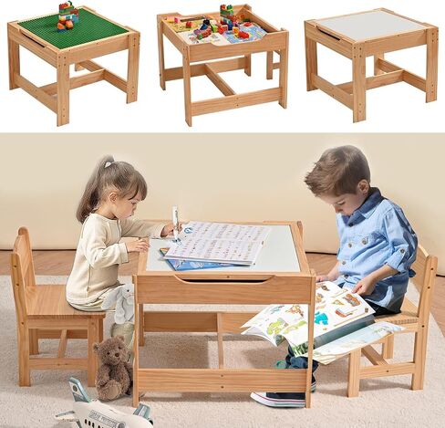 Wood 3 in 1 Kids Table and Chairs Set with Storage New Enamel Whiteboard and Built in Plate Detachable Tabletop Children Furniture Toddler 3 Piece Set Ideal for Arts & Crafts Dining Homework & More in Saudi Arabia