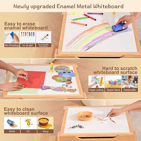 Wood 3 in 1 Kids Table and Chairs Set with Storage New Enamel Whiteboard and Built in Plate Detachable Tabletop Children Furniture Toddler 3 Piece Set Ideal for Arts & Crafts Dining Homework & More in Saudi Arabia