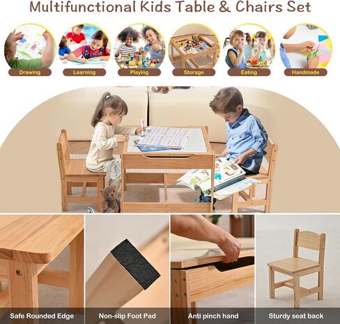 Wood 3 in 1 Kids Table and Chairs Set with Storage New Enamel Whiteboard and Built in Plate Detachable Tabletop Children Furniture Toddler 3 Piece Set Ideal for Arts & Crafts Dining Homework & More in Saudi Arabia