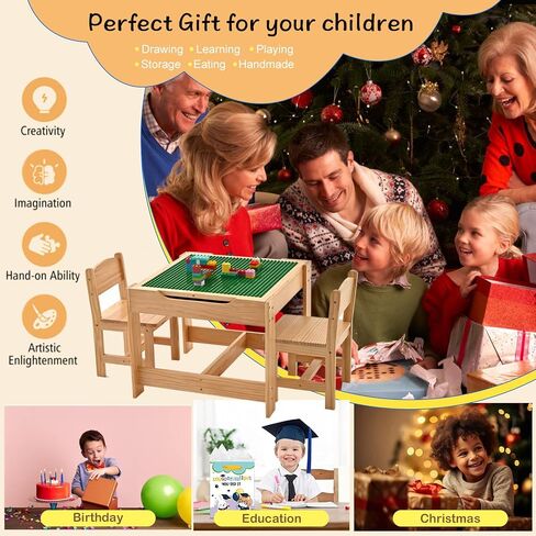 Wood 3 in 1 Kids Table and Chairs Set with Storage New Enamel Whiteboard and Built in Plate Detachable Tabletop Children Furniture Toddler 3 Piece Set Ideal for Arts & Crafts Dining Homework & More in Saudi Arabia