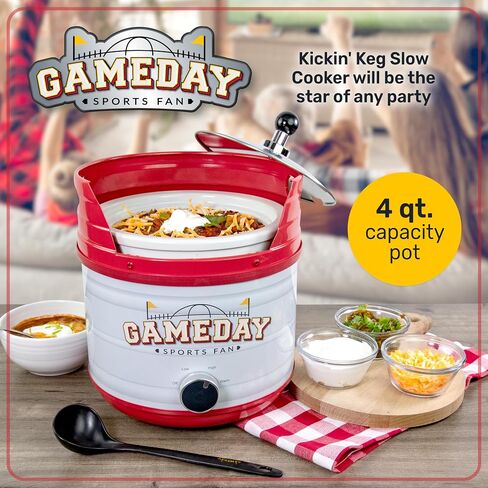 Nostalgia Game Day 2.5-Quart 2-Section Slow Cooker with Lid and Ladle, Keg-Like Design, Cooks Chicken Wings, Meatballs, Chilli, Cheese, Soup, Stews, and More in Kuwait