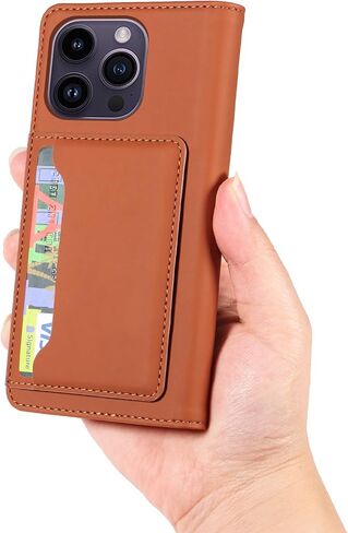 Flip Leather Wallet Case Compatible with iPhone 13 Pro Max, Built-in Wallet, Card Holder, Magnetic Stand Function (Brown) in Saudi Arabia